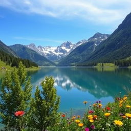 Generate an image of a serene landscape with mountains in the background, a clear blue sky, and a calm lake reflecting the scenery