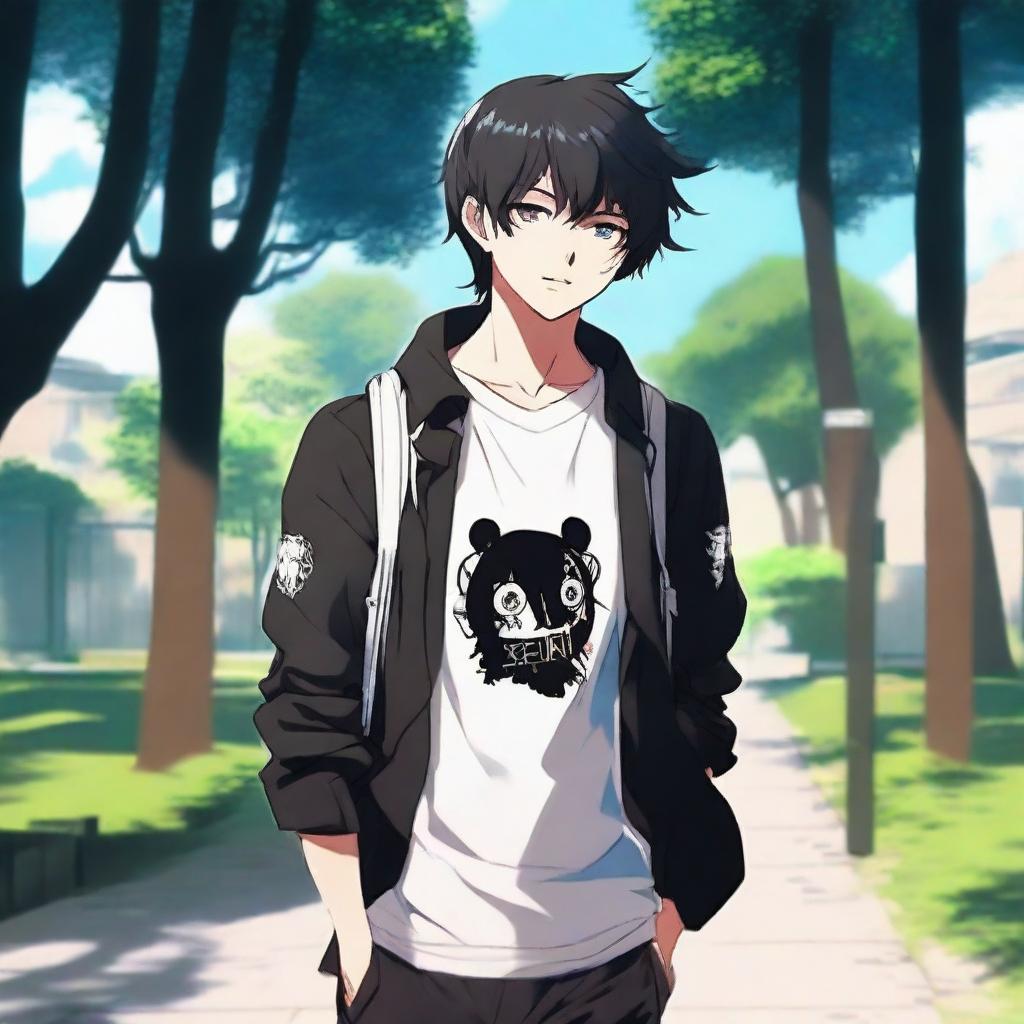 Un chico de estilo anime con pelo negro caminando con audífonos blancos puestos, llevando una camisa que tiene escrito 'yingXX' en español