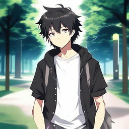 Un chico de estilo anime con pelo negro caminando con audífonos blancos puestos, llevando una camisa que tiene escrito 'yingXX' en español