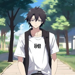 Un chico de estilo anime con pelo negro caminando con audífonos blancos puestos, llevando una camisa que tiene escrito 'yingXX' en español