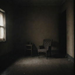 A dimly lit room with a single spotlight casting a focused light on a lonely person sitting in a chair, looking distressed. Their eyes reflect dread as they stare at an unseen, terrifying presence.