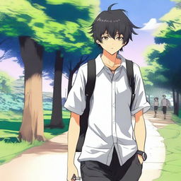 Un chico de estilo anime con pelo negro caminando con audífonos blancos puestos, llevando una camisa que tiene escrito 'yingXX' en español