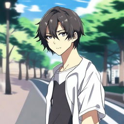 Un chico de estilo anime con pelo negro caminando con audífonos blancos puestos, llevando una camisa que tiene escrito 'yingXX' en español