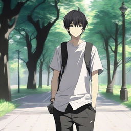 Un chico de estilo anime con pelo negro caminando con audífonos blancos puestos, llevando una camisa que tiene escrito 'yingXX' en español