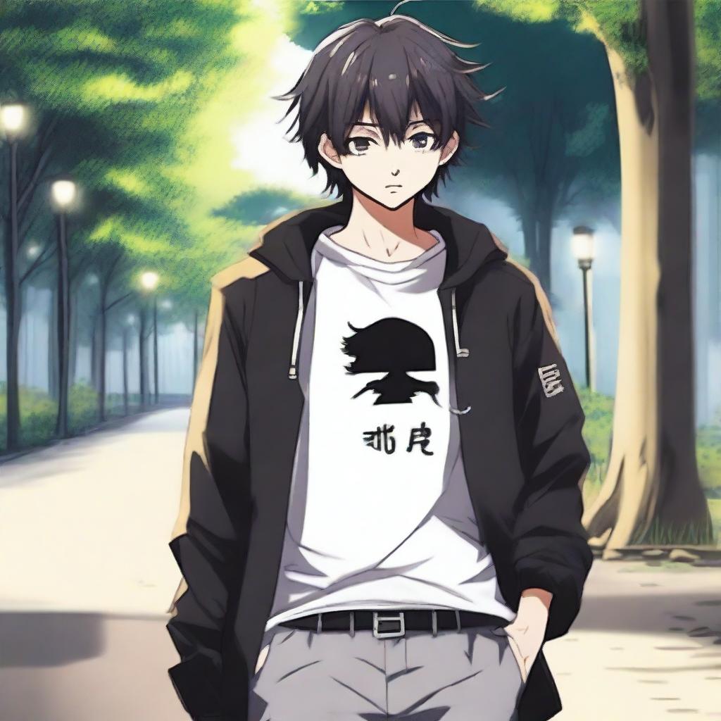 Un chico de estilo anime con pelo negro caminando con audífonos blancos puestos, llevando una camisa que tiene escrito 'yingXX' en español