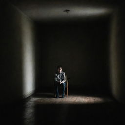 A dimly lit room with a single spotlight casting a focused light on a lonely person sitting in a chair, looking distressed. Their eyes reflect dread as they stare at an unseen, terrifying presence.