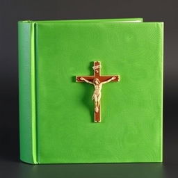 A green book cover featuring a prominent crucifix on the front