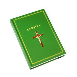 A green book cover featuring a prominent crucifix on the front