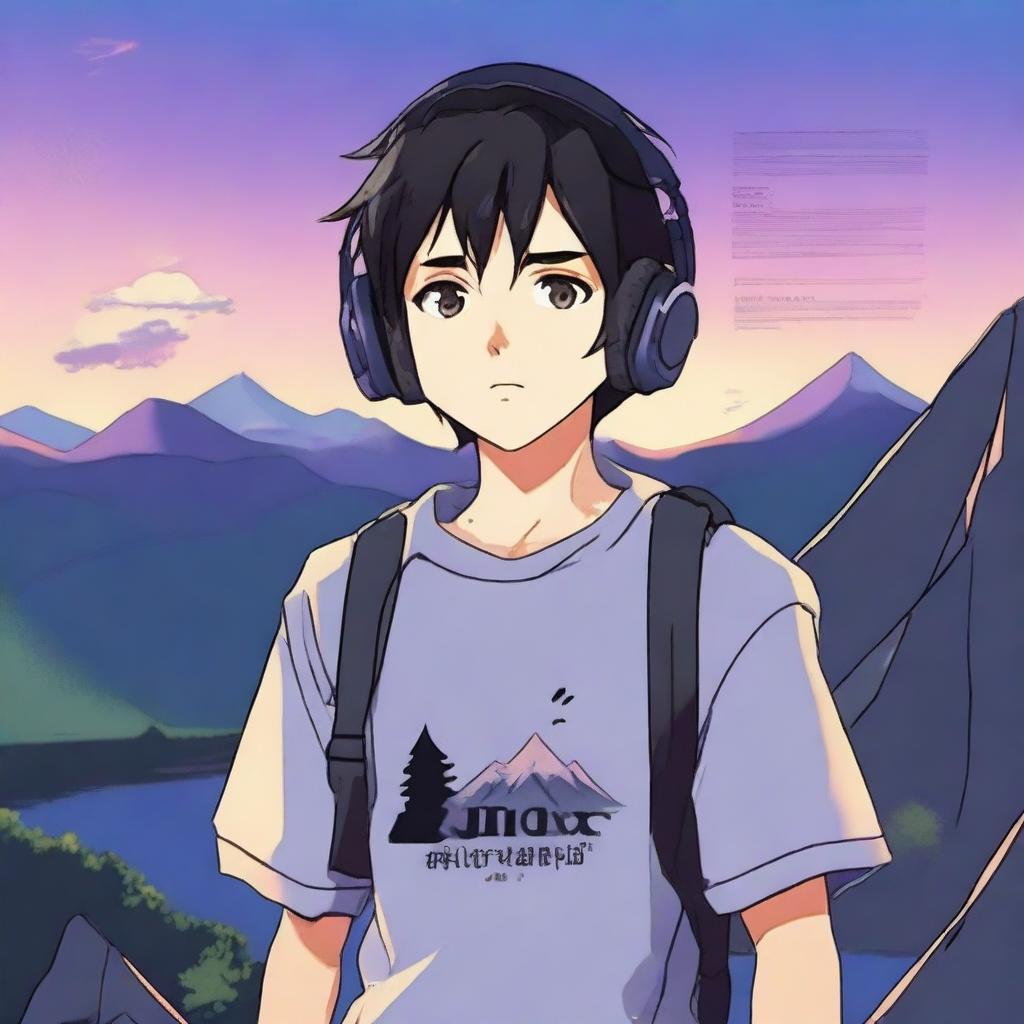 An anime-style boy with black hair walking with headphones on, wearing a shirt that says 'yingXX' and the same text on his headphones