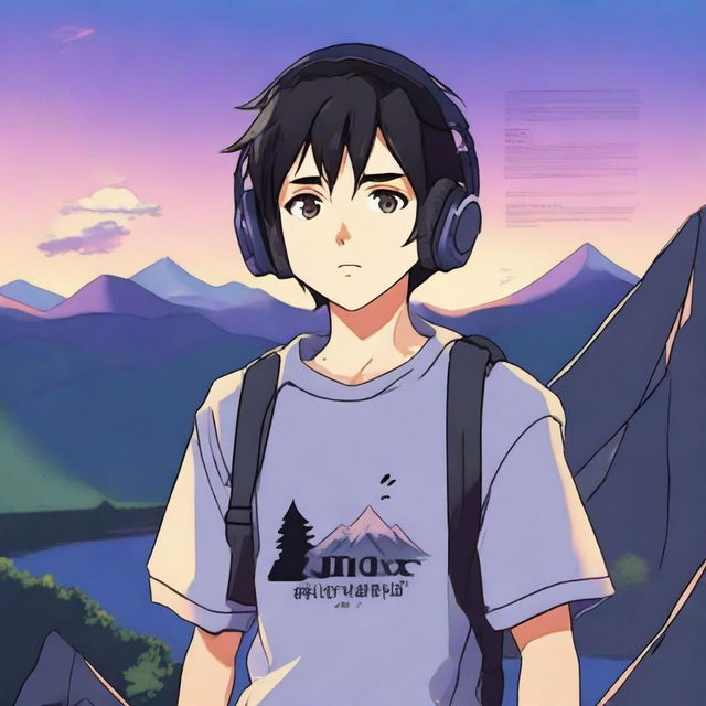 An anime-style boy with black hair walking with headphones on, wearing a shirt that says 'yingXX' and the same text on his headphones