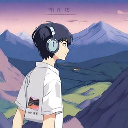 An anime-style boy with black hair walking with headphones on, wearing a shirt that says 'yingXX' and the same text on his headphones