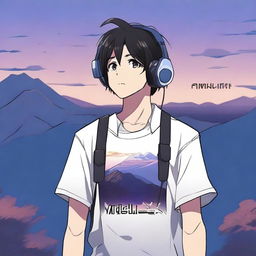 An anime-style boy with black hair walking with headphones on, wearing a shirt that says 'yingXX' and the same text on his headphones