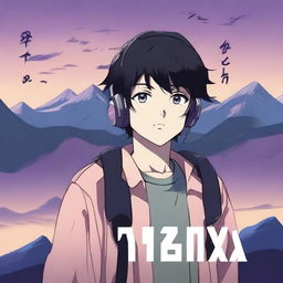 An anime-style boy with black hair walking with headphones on, wearing a shirt that says 'yingXX' and the same text on his headphones