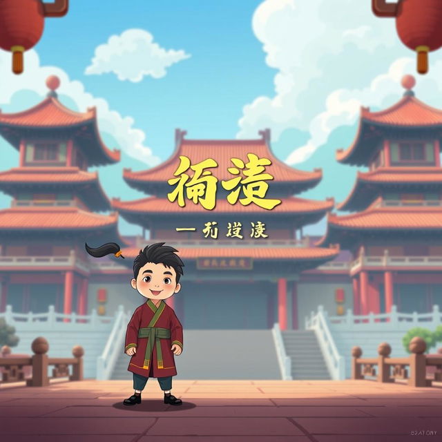 A cartoon-style image set in an ancient Chinese palace with a 16:9 aspect ratio