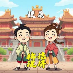 A cartoon-style image set in an ancient Chinese palace with a 16:9 aspect ratio