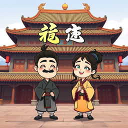 A cartoon-style image set in an ancient Chinese palace with a 16:9 aspect ratio