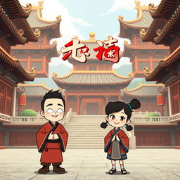 A cartoon-style image set in an ancient Chinese palace with a 16:9 aspect ratio