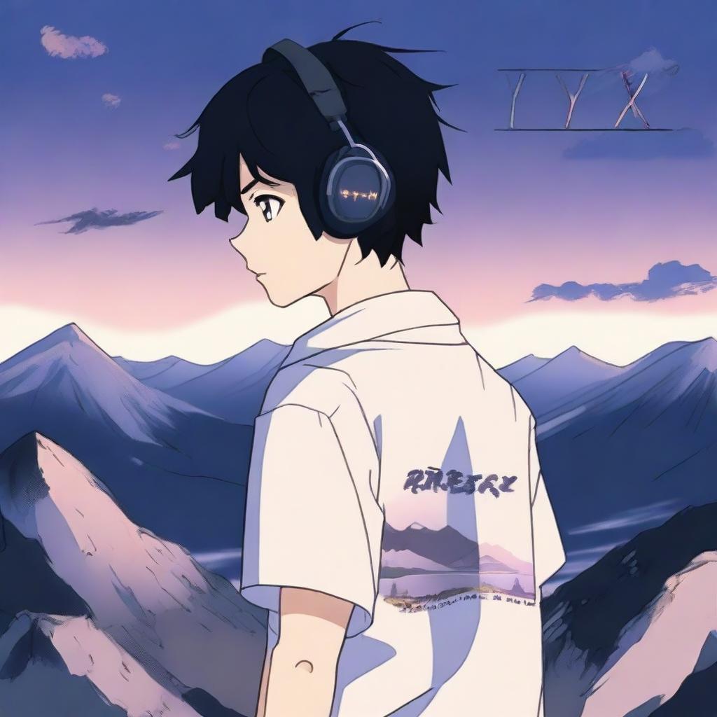 An anime-style boy with black hair walking with headphones on, wearing a shirt that says 'YINGXX' and the same text on his headphones