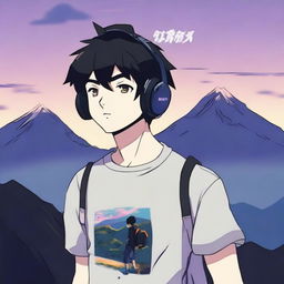 An anime-style boy with black hair walking with headphones on, wearing a shirt that says 'YINGXX' and the same text on his headphones