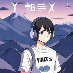 An anime-style boy with black hair walking with headphones on, wearing a shirt that says 'YINGXX' and the same text on his headphones