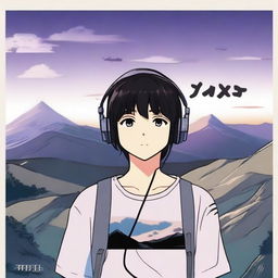 An anime-style boy with black hair walking with headphones on, wearing a shirt that says 'YINGXX' and the same text on his headphones