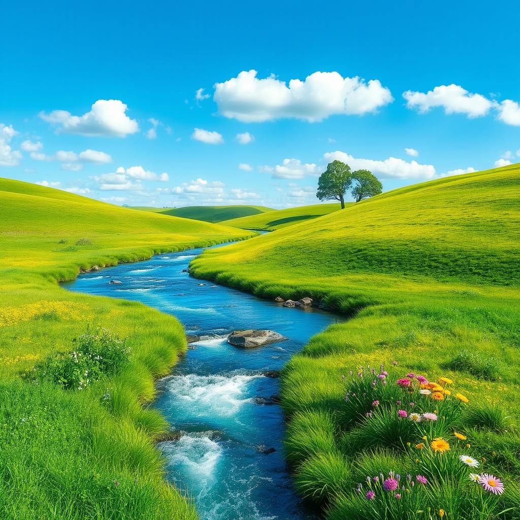 Create a peaceful and serene landscape with a clear blue sky, lush green meadows, and a sparkling river flowing through it