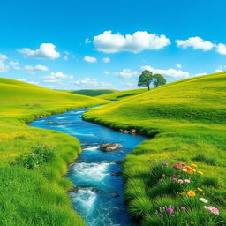 Create a peaceful and serene landscape with a clear blue sky, lush green meadows, and a sparkling river flowing through it