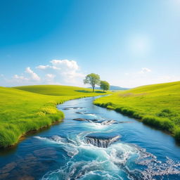 Create a peaceful and serene landscape with a clear blue sky, lush green meadows, and a sparkling river flowing through it