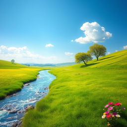 Create a peaceful and serene landscape with a clear blue sky, lush green meadows, and a sparkling river flowing through it