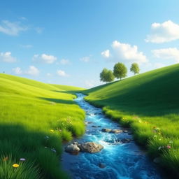 Create a peaceful and serene landscape with a clear blue sky, lush green meadows, and a sparkling river flowing through it