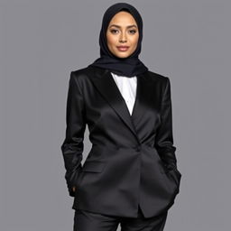 A woman wearing a hijab and a black satin tuxedo