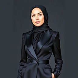 A woman wearing a hijab and a black satin tuxedo