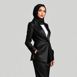 A woman wearing a hijab and a black satin tuxedo