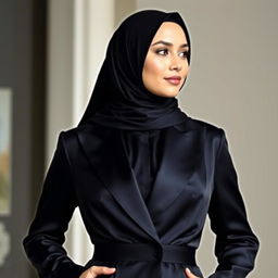 A woman wearing a hijab and a black satin tuxedo