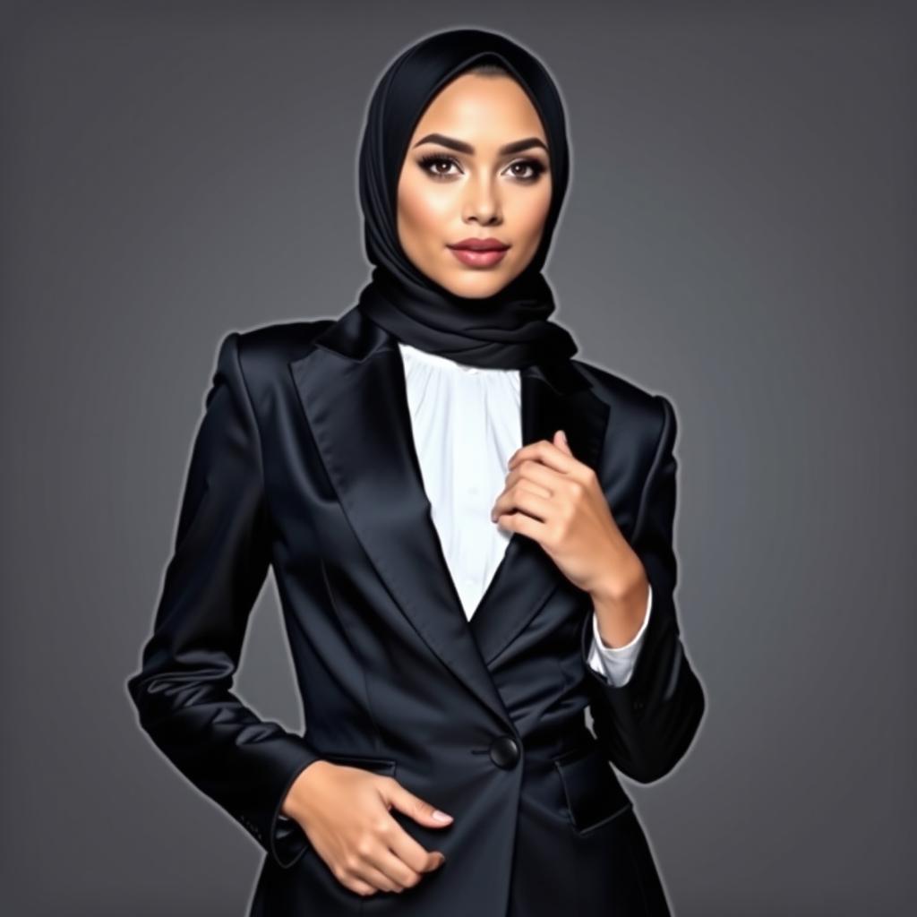 A woman wearing a hijab and a black satin tuxedo, styled in a sexy and confident manner