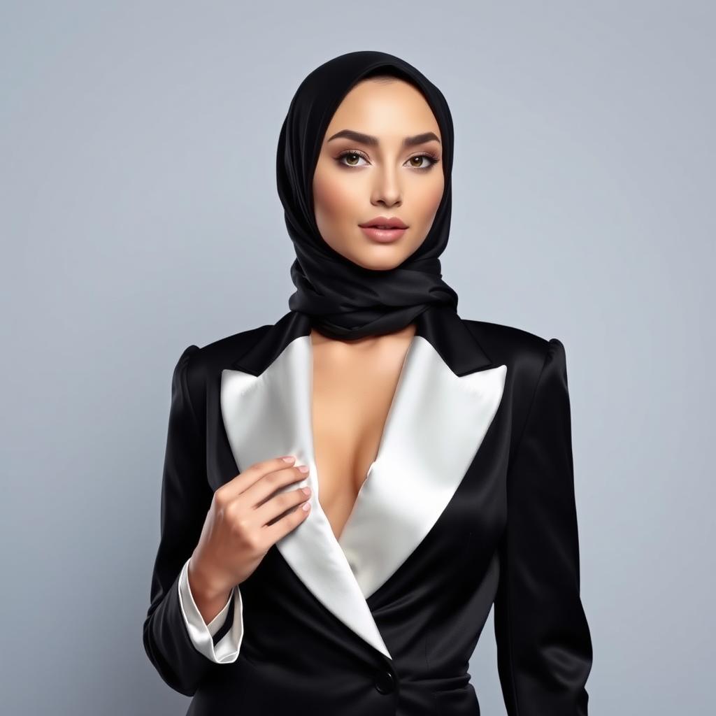 A woman wearing a hijab and a black satin tuxedo, styled in a sexy and confident manner