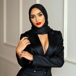 A woman wearing a hijab and a black satin tuxedo, styled in a sexy and confident manner