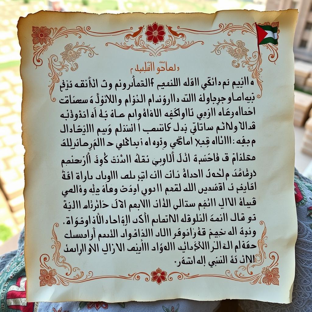 A heartfelt letter from Palestine, written on aged paper with beautiful calligraphy