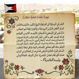 A heartfelt letter from Palestine, written on aged paper with beautiful calligraphy