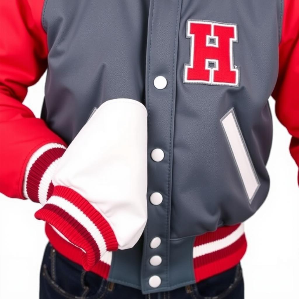 A detailed image of a stylish varsity jacket, showcasing its design and colors