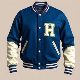 A detailed image of a stylish varsity jacket, showcasing its design and colors