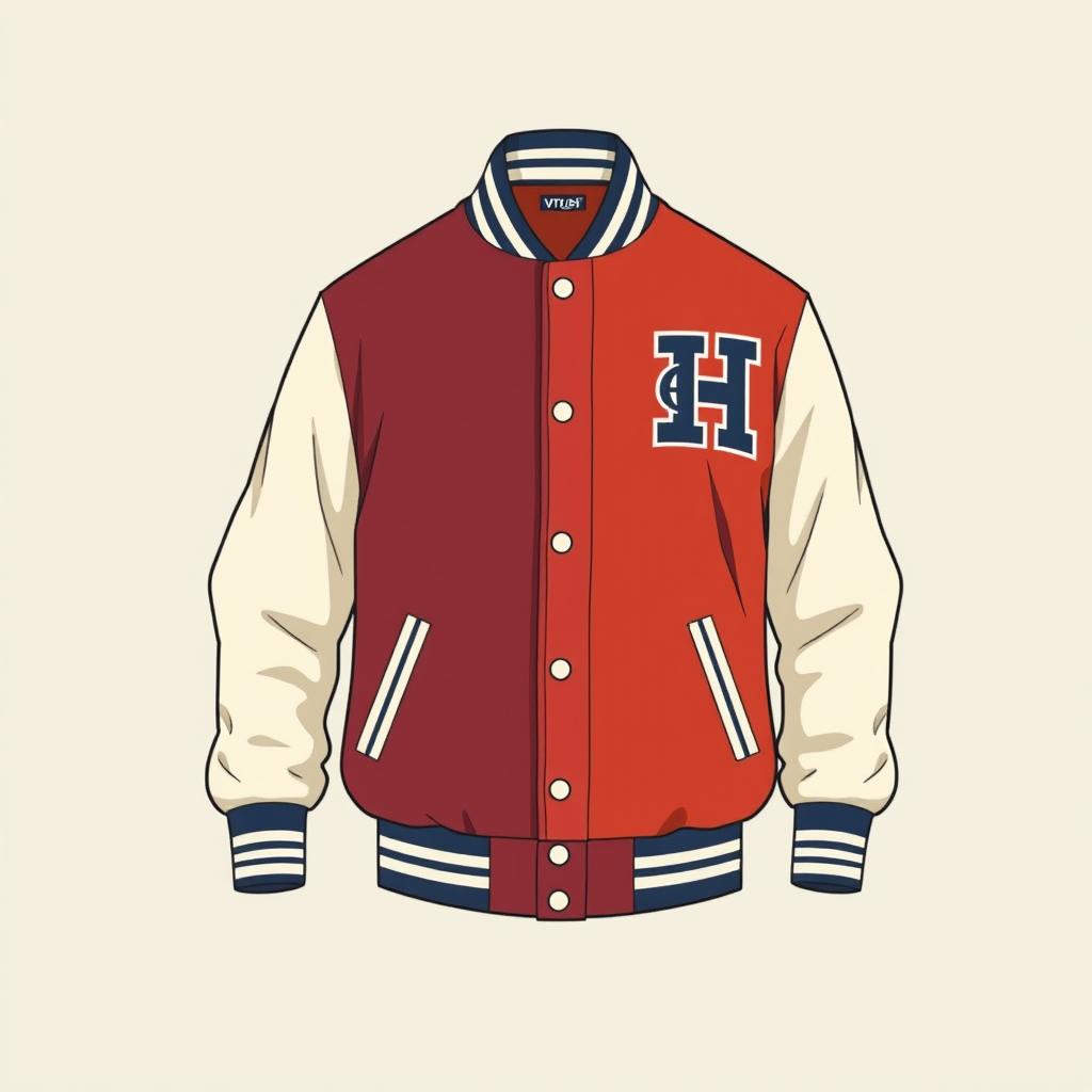 A detailed image of a stylish varsity jacket, showcasing its design and colors