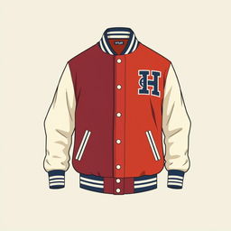 A detailed image of a stylish varsity jacket, showcasing its design and colors