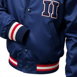 A detailed image of a stylish varsity jacket, showcasing its design and colors