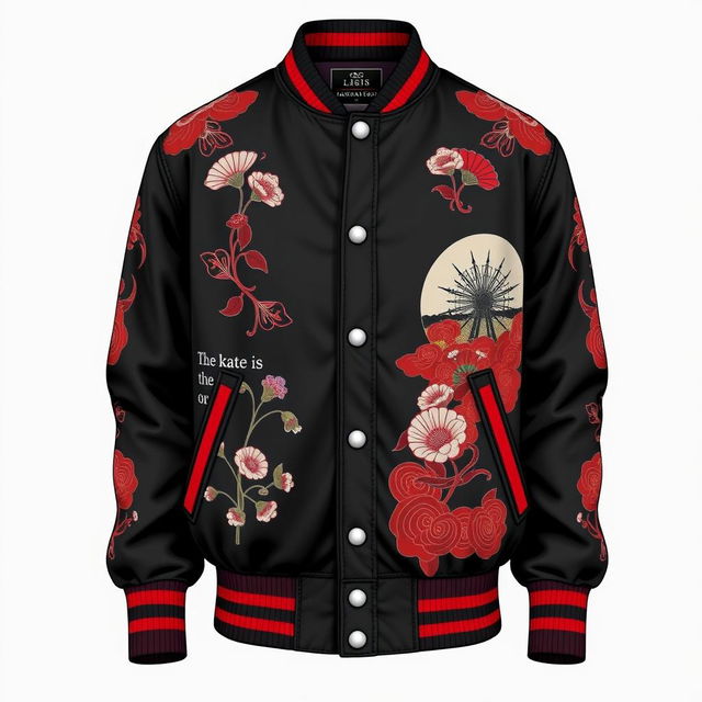 A detailed image of a stylish varsity jacket with a Japanese theme, featuring black and red colors