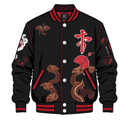 A detailed image of a stylish varsity jacket with a Japanese theme, featuring black and red colors