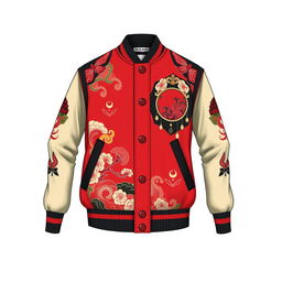 A detailed image of a stylish varsity jacket with a Japanese theme, featuring black and red colors