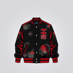 A detailed image of a stylish varsity jacket with a Japanese theme, featuring black and red colors