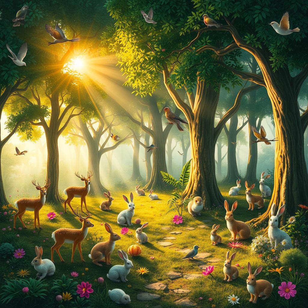 Create a vibrant and imaginative scene featuring a lush forest with various animals such as deer, rabbits, and birds