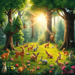 Create a vibrant and imaginative scene featuring a lush forest with various animals such as deer, rabbits, and birds